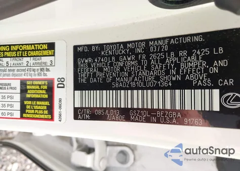 2020 Lexus Es 350 z USA, uszkodzony, nr VIN 58ADZ1B10LU071364